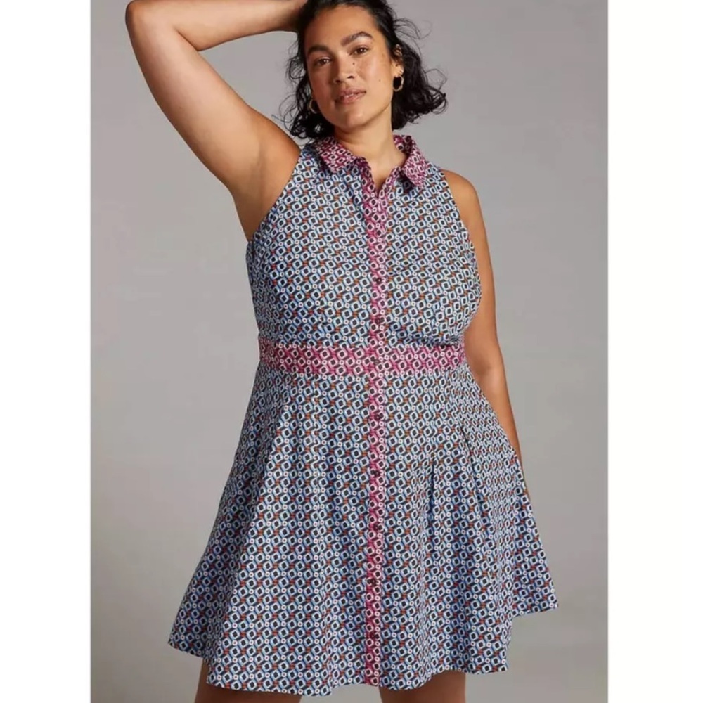 Anthropologie Maeve Buckley Mini Dress Blue Button Front Size 8 Pockets​​​